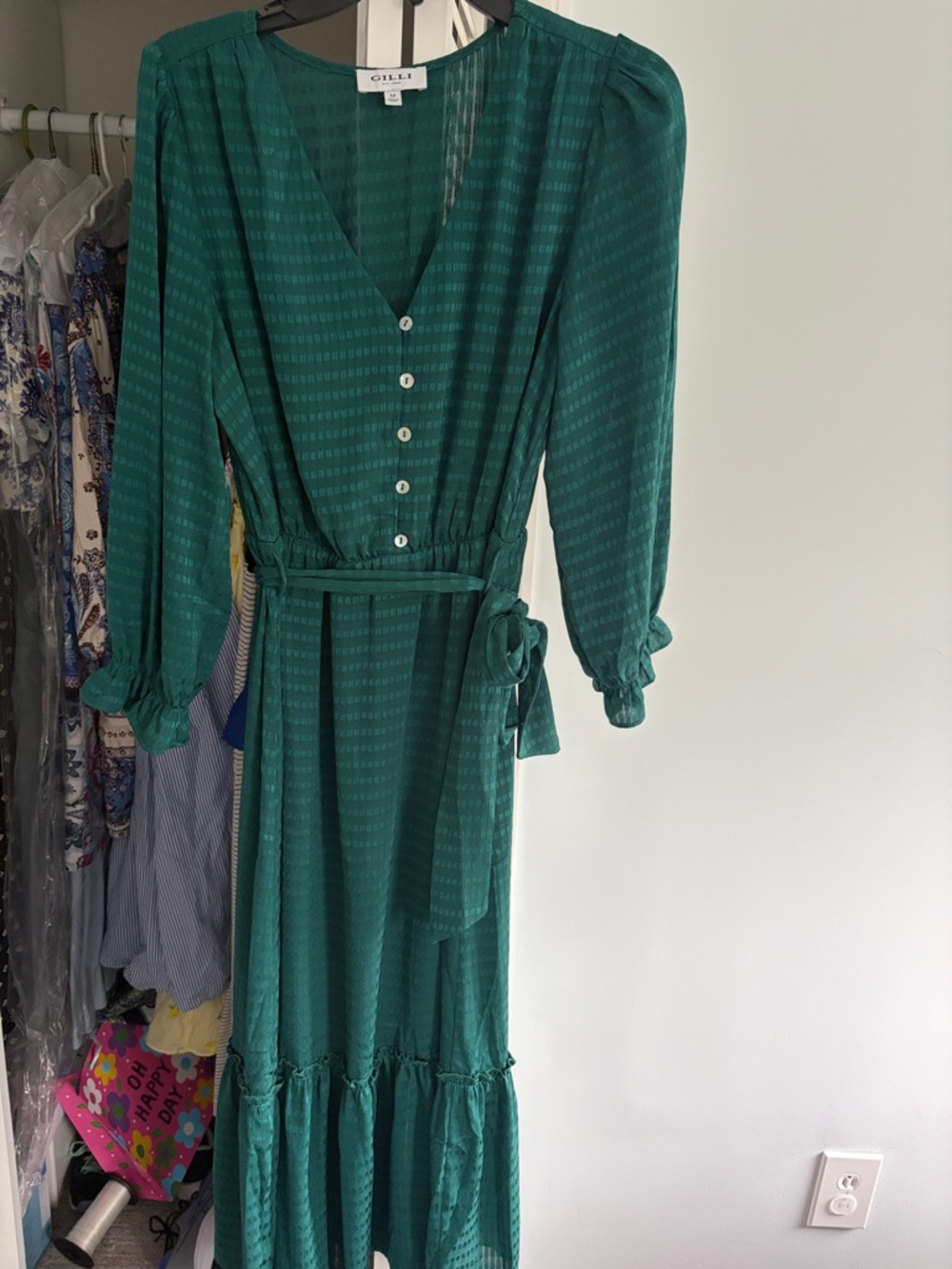 GILLI Teal Green V-Neck Button Front Maxi Dress
